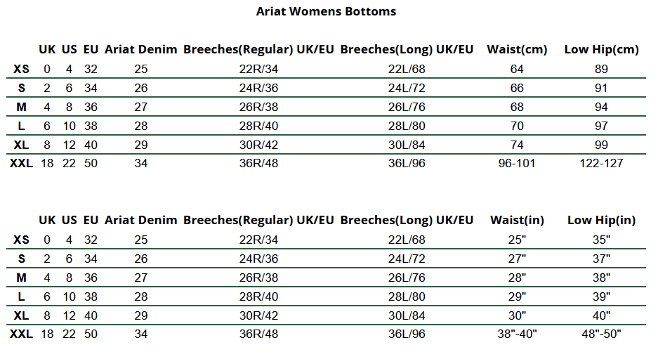 2025 Ariat Womens Bottoms  Size Chart